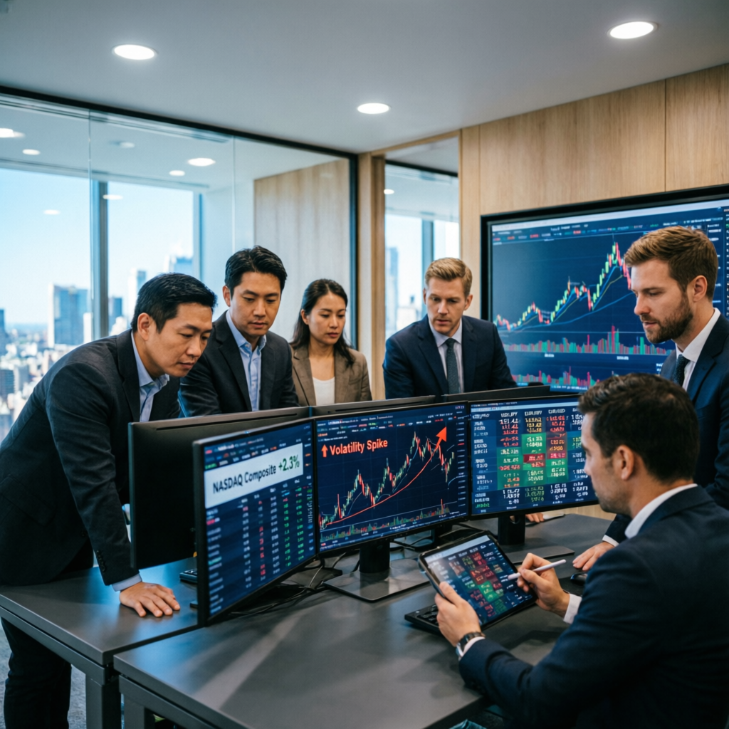 Professional team of financial analysts and traders working together