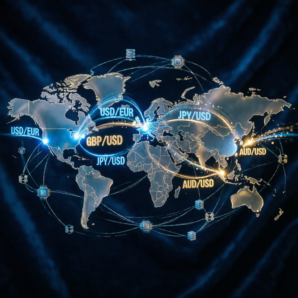 Global forex market coverage with currency pairs and international trading