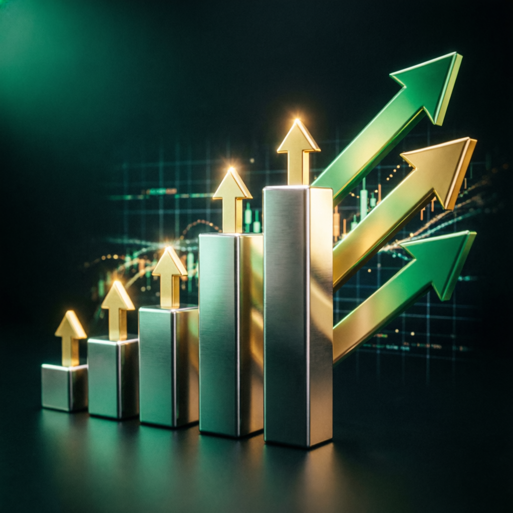 Growth and scaling visualization with ascending charts and arrows