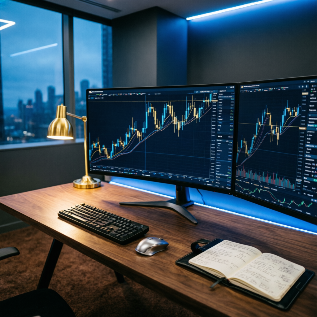 Professional forex trading workspace with multiple monitors and technical analysis
