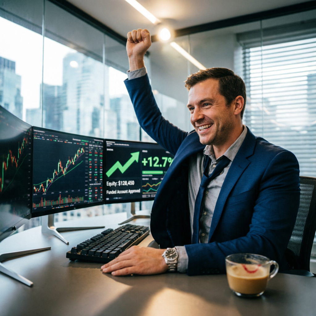 Trader celebrating successful prop firm challenge pass with funded account approval