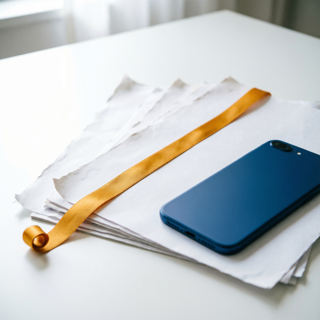 Mesa com papéis, fita amarela e smartphone azul representando o EuDireita