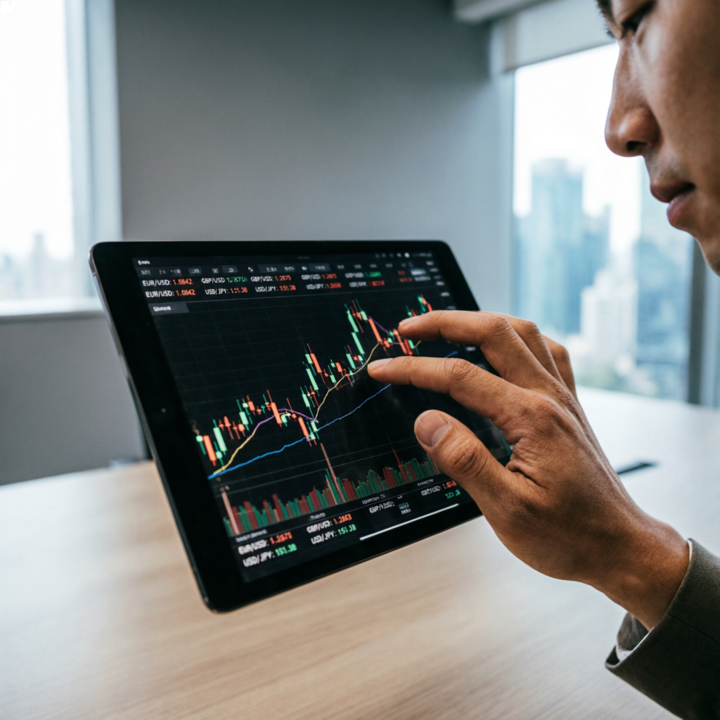Trader analyzing forex charts on tablet