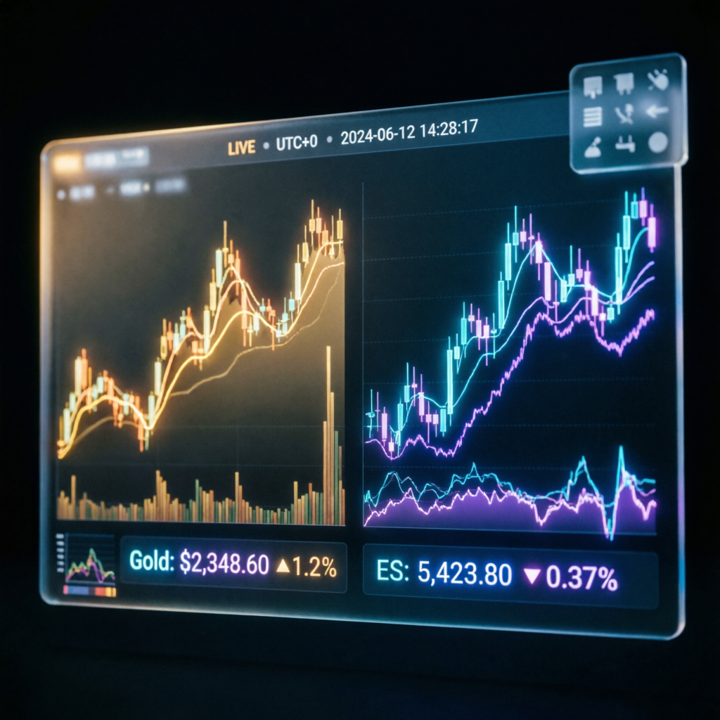 Futures trading charts showing Gold and ES contracts