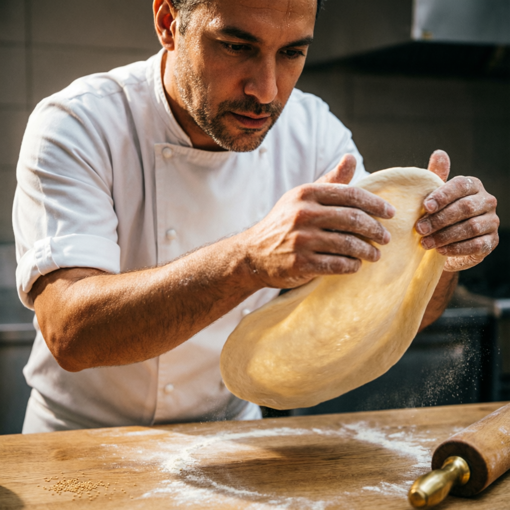 Mãos do pizzaiolo