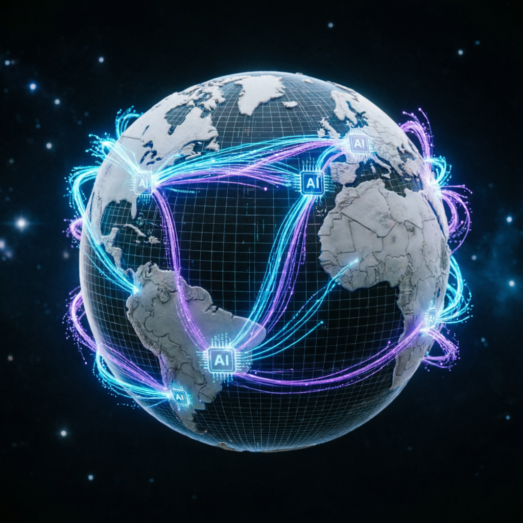 Futuristic globe with AI trading network representing global prop firm trading opportunities
