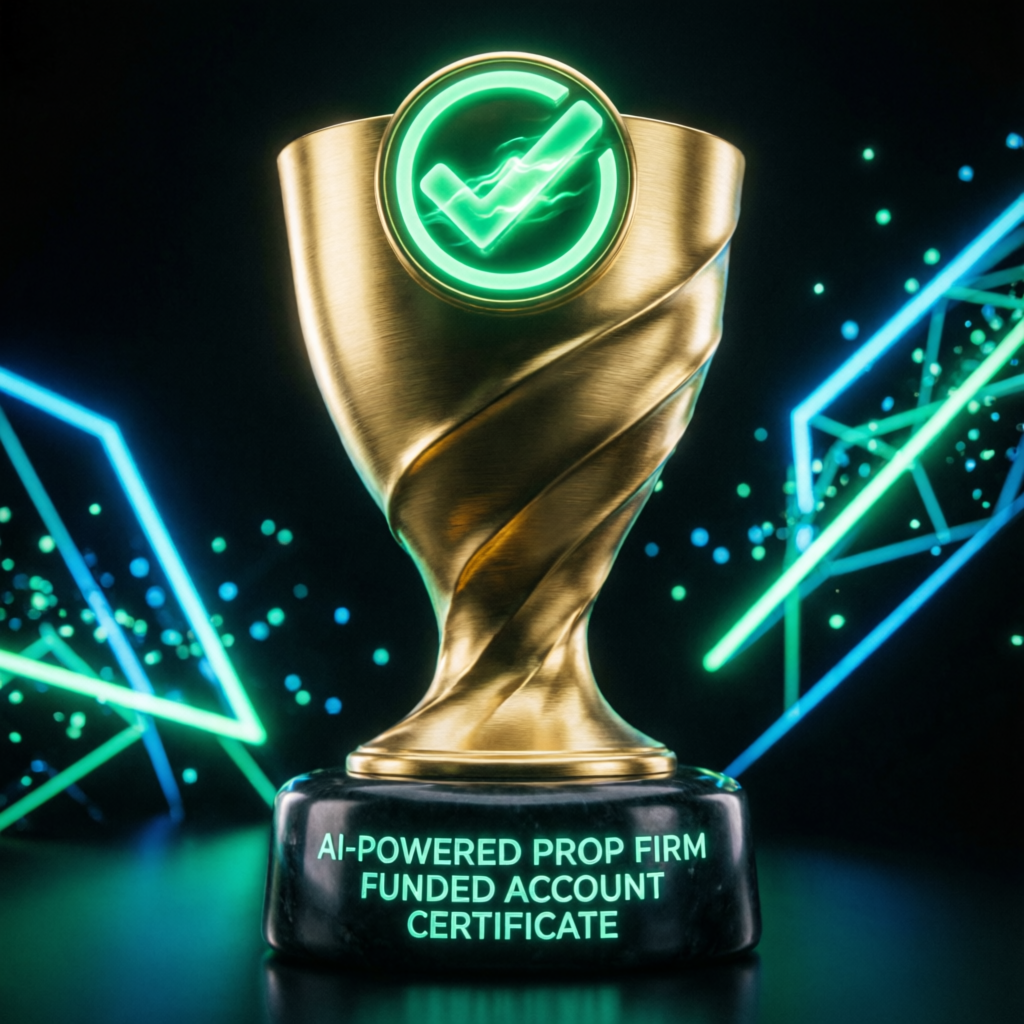 AI-powered prop firm funded account certificate trophy representing Topstep success