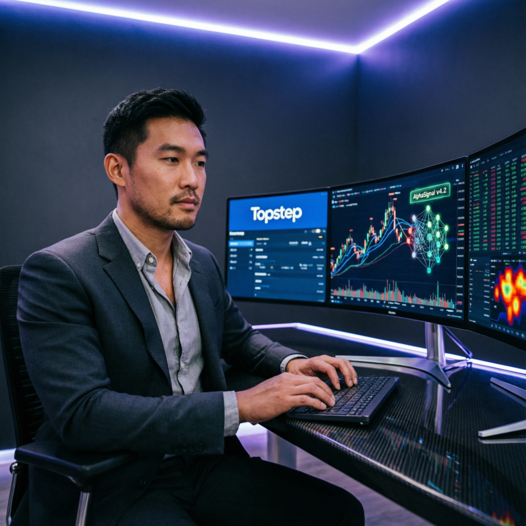 Professional trader using Topstep platform on multi-monitor setup with AI trading algorithms