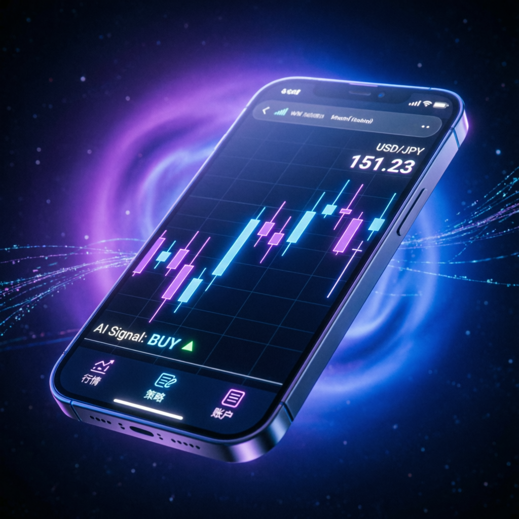 Mobile phone displaying AI-powered forex trading app with candlestick charts