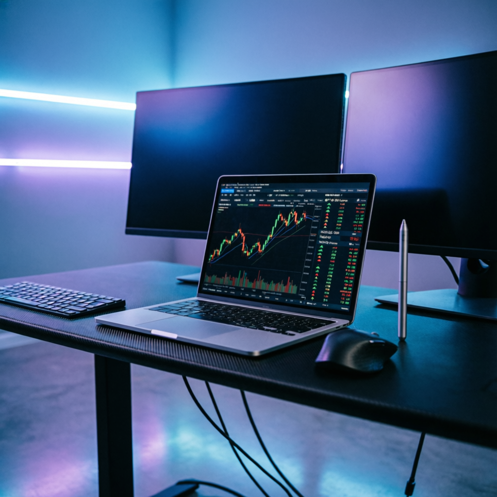 Modern trading desk setup with laptop showing futures trading charts and professional workspace