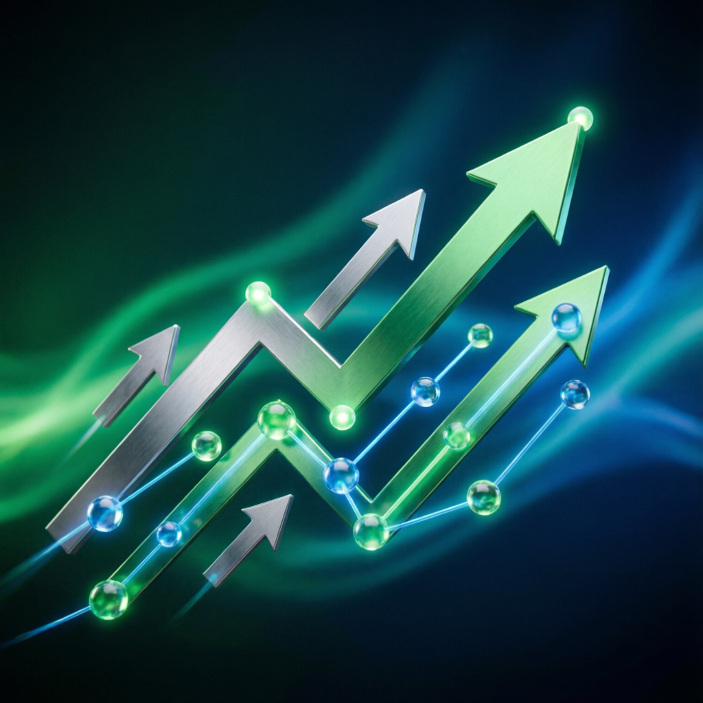 Ascending growth arrows representing Topstep scaling plan and account growth