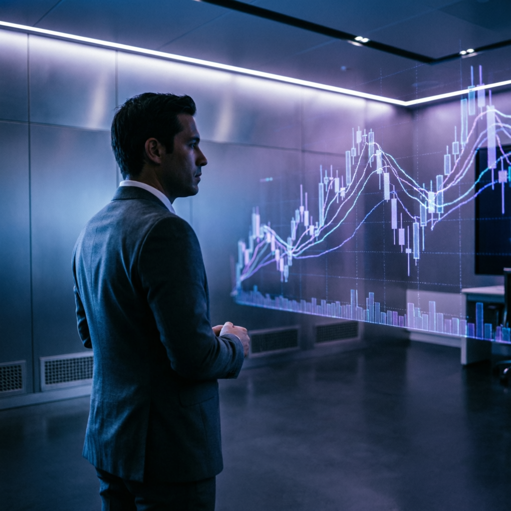 Professional trader analyzing holographic futures trading charts in dark premium office