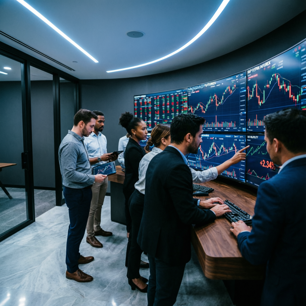 Professional trading team analyzing futures market data in modern prop firm office