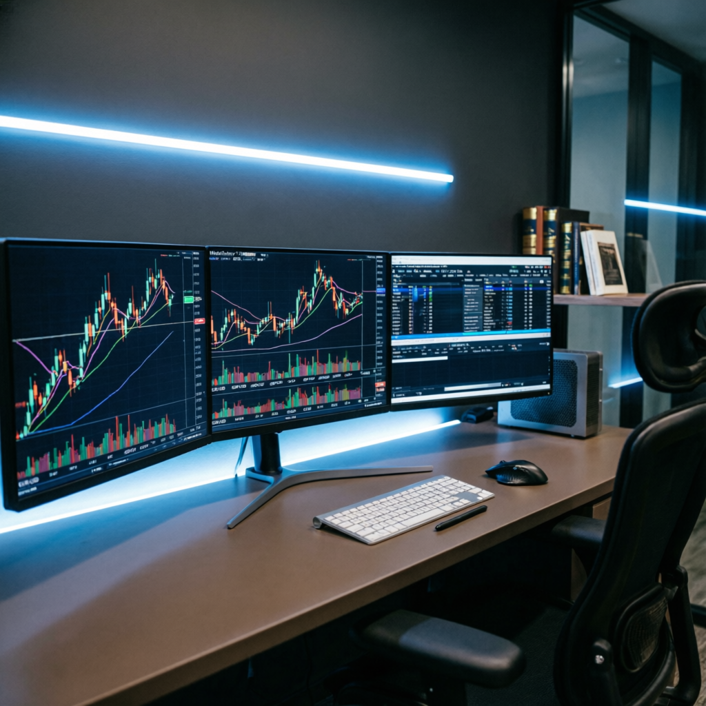 Professional forex trading setup with multiple monitors showing candlestick charts and technical indicators