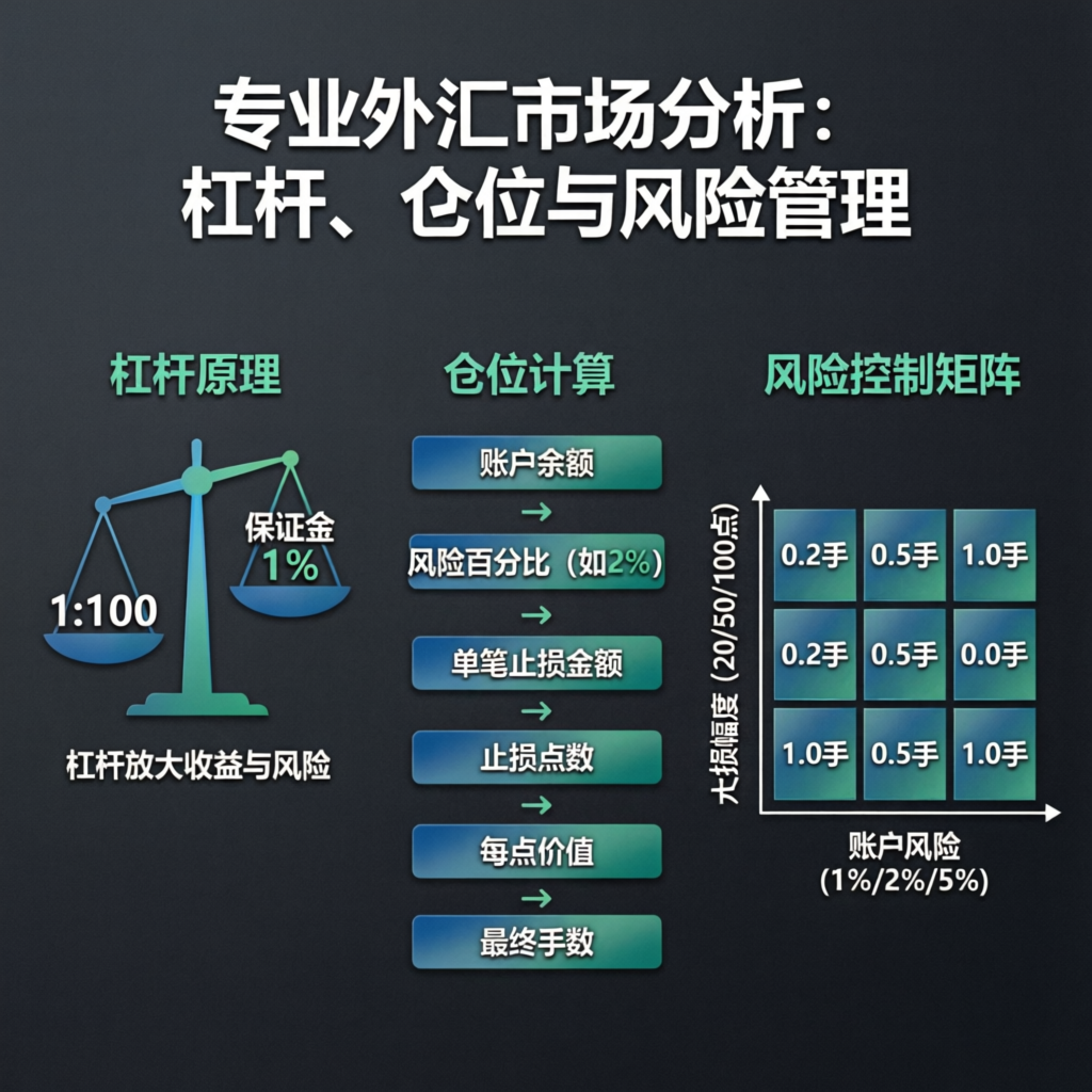 Forex market analysis infographic showing leverage, position sizing, and risk management concepts