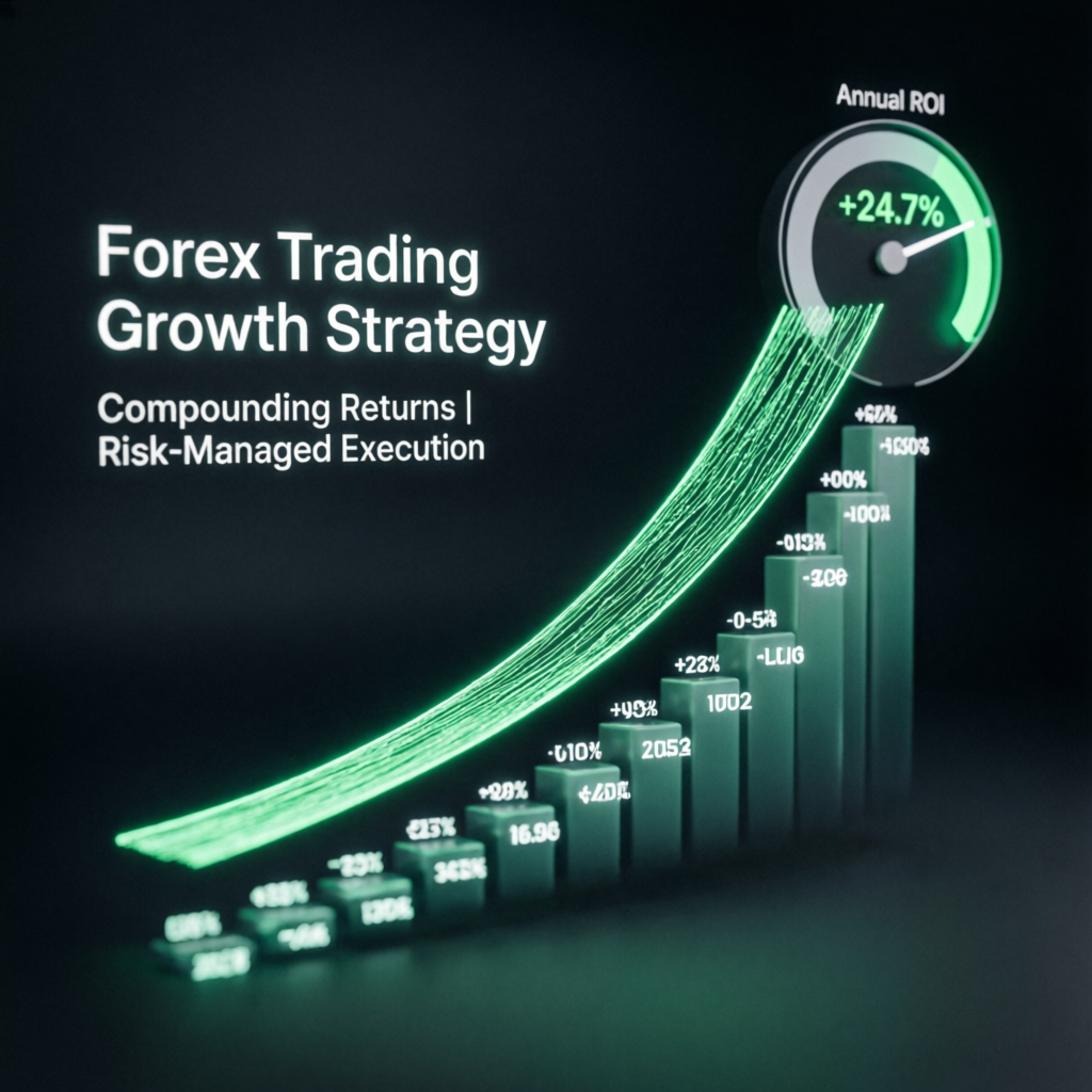Forex trading growth strategy with compounding returns and risk-managed execution dashboard