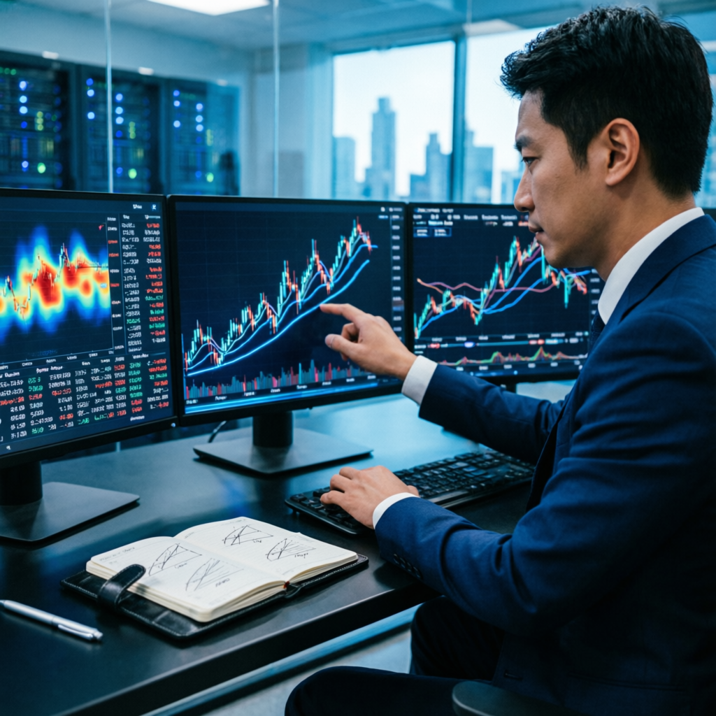 Professional trader analyzing forex charts on multiple monitors with technical analysis notebook