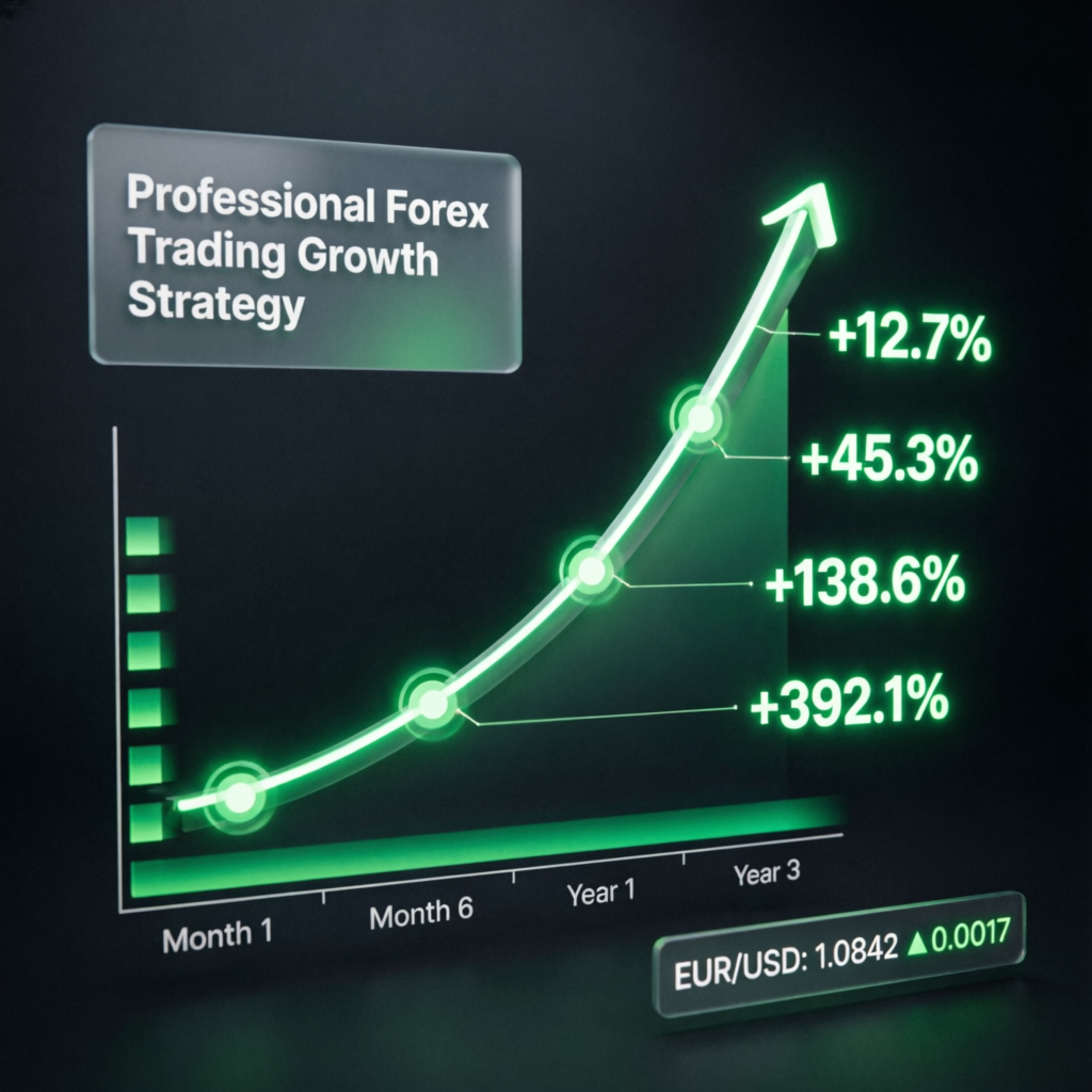 Professional forex trading growth strategy showing exponential returns over time