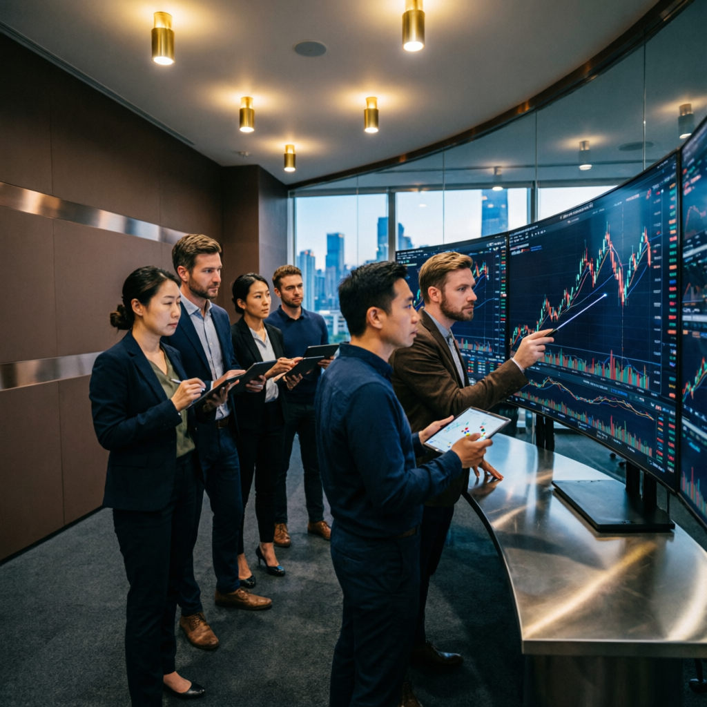 Professional team of forex traders collaborating in a modern trading room at PFM Capitals