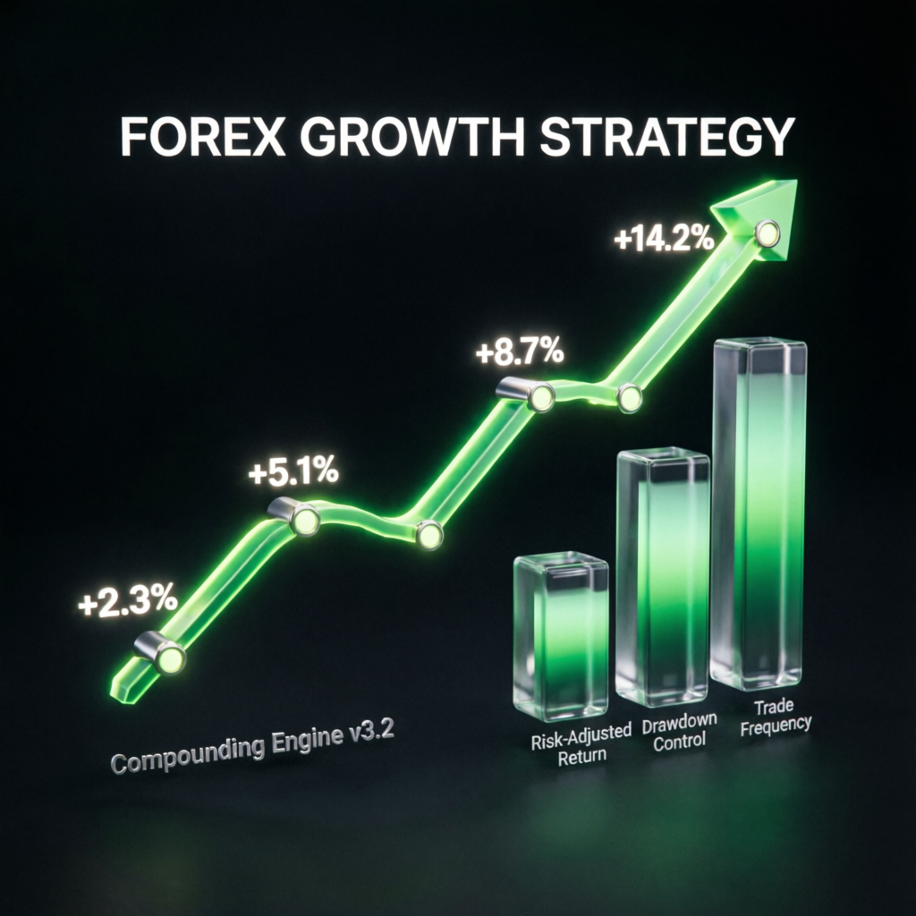 Forex growth strategy chart showing compounding returns and risk-adjusted performance