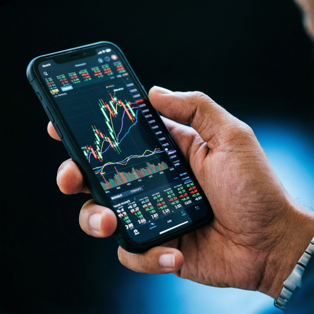 Mobile forex trading showing candlestick charts and technical indicators for prop firm passing