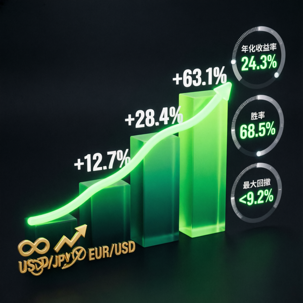 Trading performance chart showing win rate, annual ROI, and maximum drawdown metrics