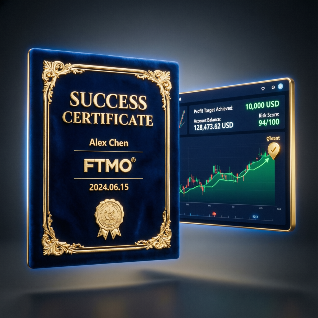 Success certificate and trading dashboard showing profit target achieved for funded account