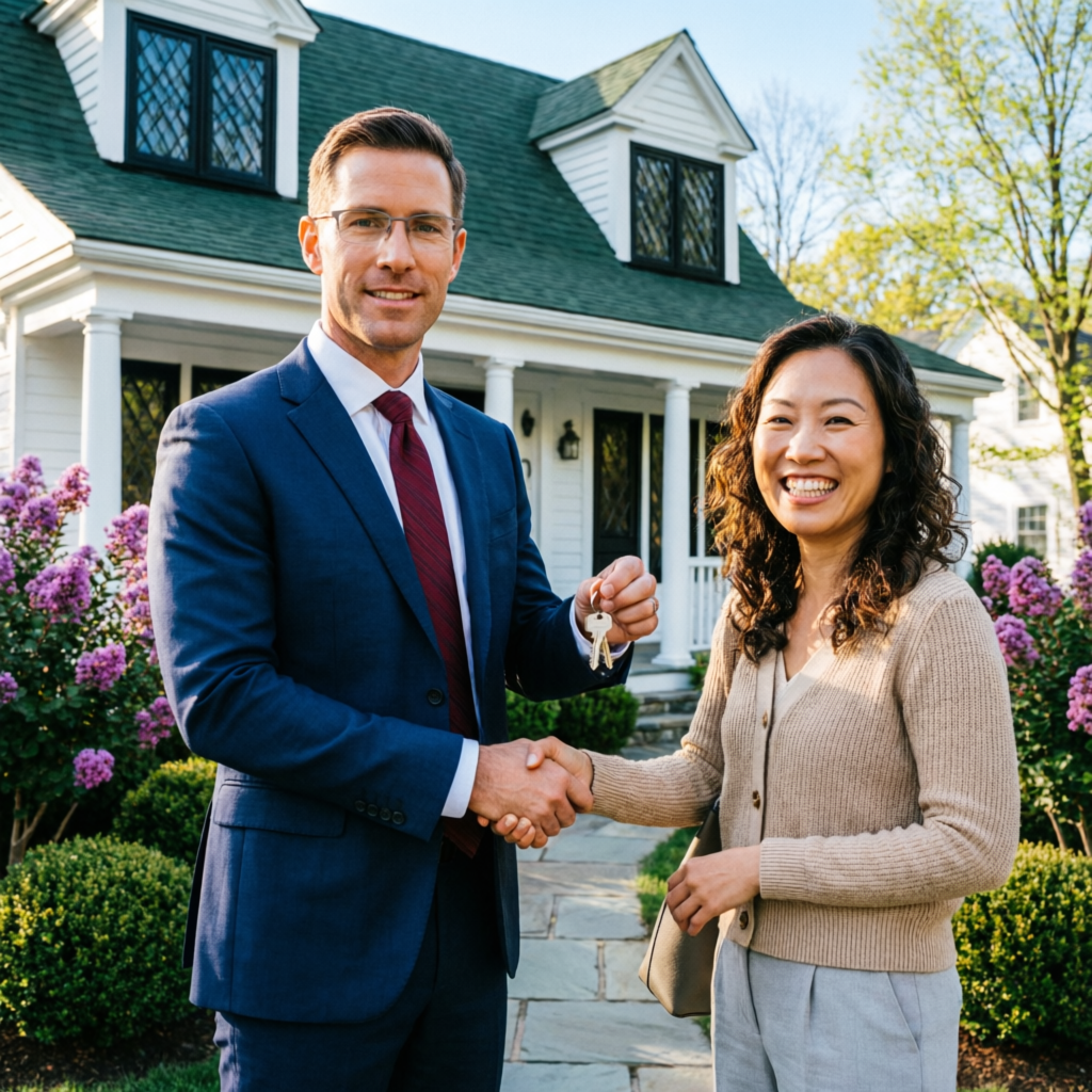 Real estate agent handing keys to a happy client