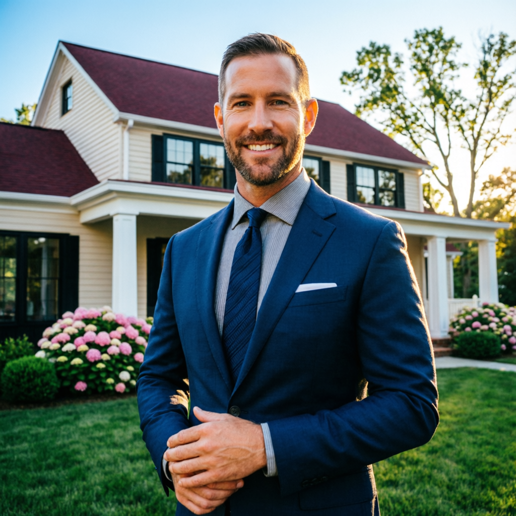 Professional real estate agent in front of a beautiful Connecticut home