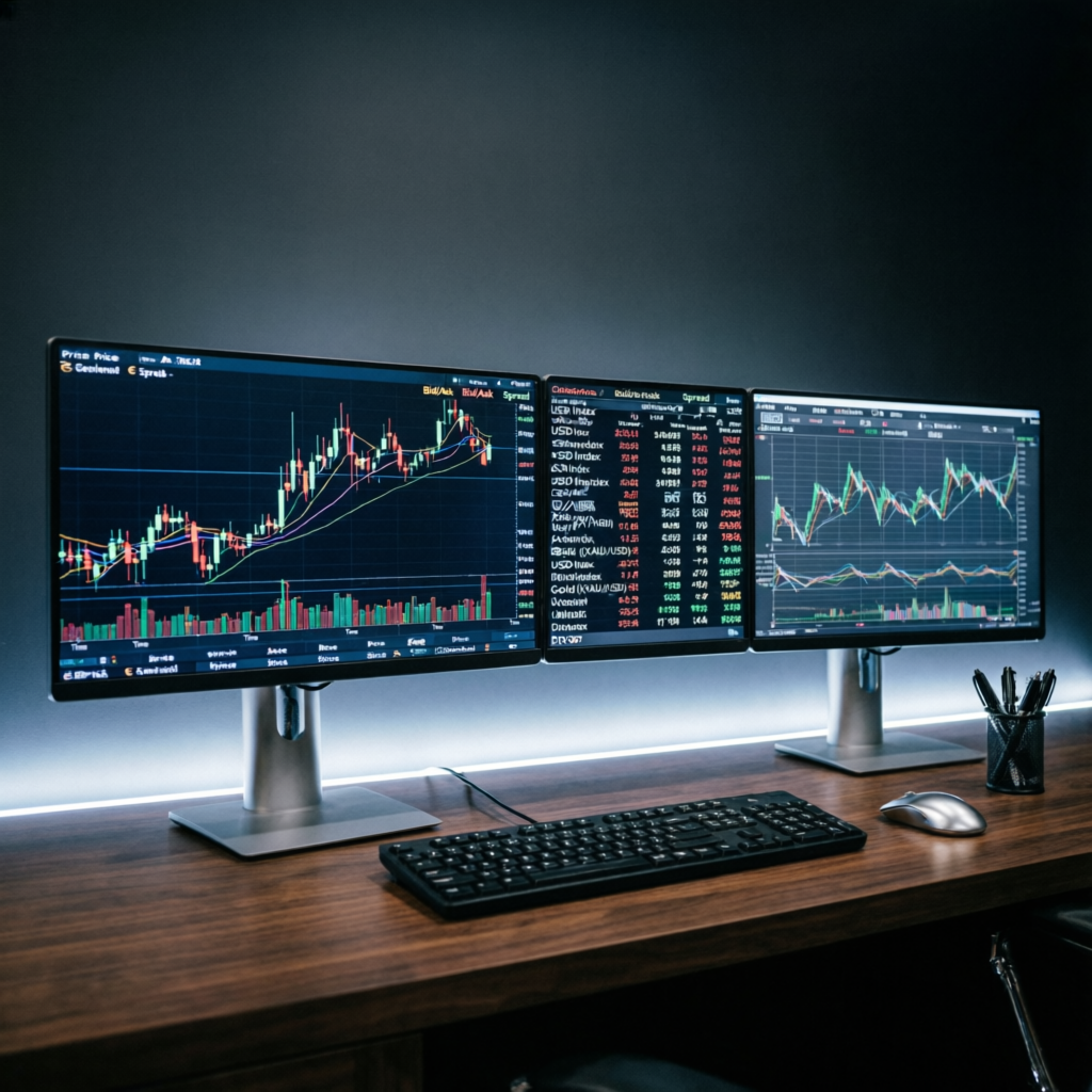 Professional trading desk with multiple monitors showing Apex Trader Funding charts