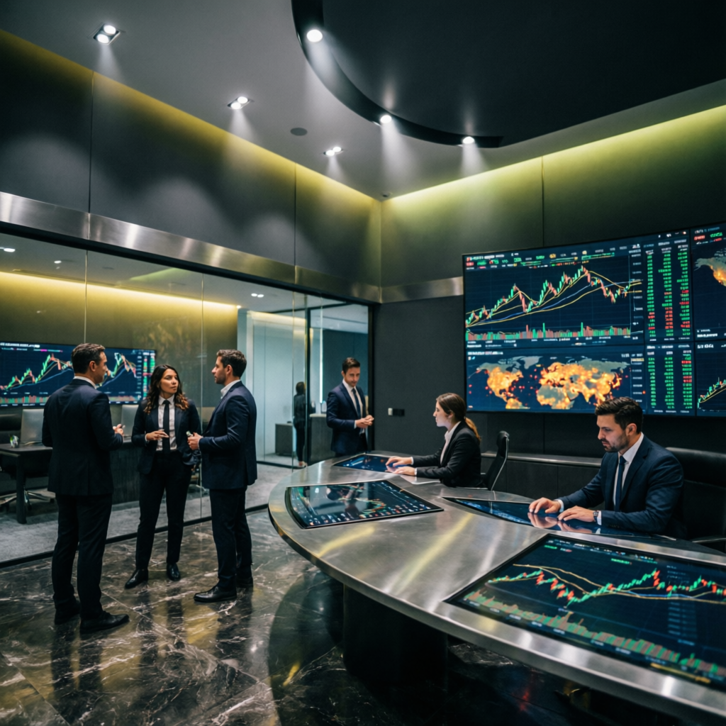 Modern fintech office with multiple screens showing trading data