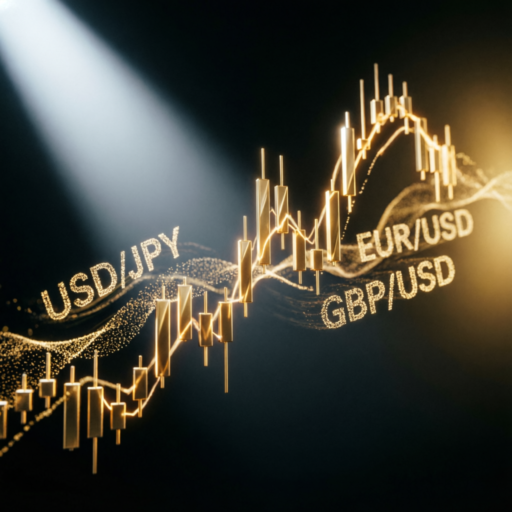 Futuristic forex trading visualization with golden candlestick charts