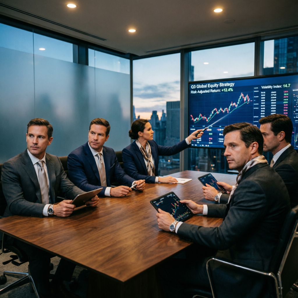 Professional team of financial analysts in modern corporate boardroom
