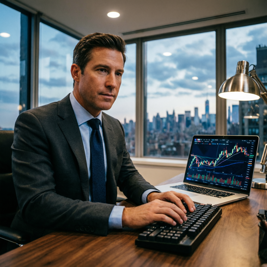 Professional trader using laptop with advanced trading platform