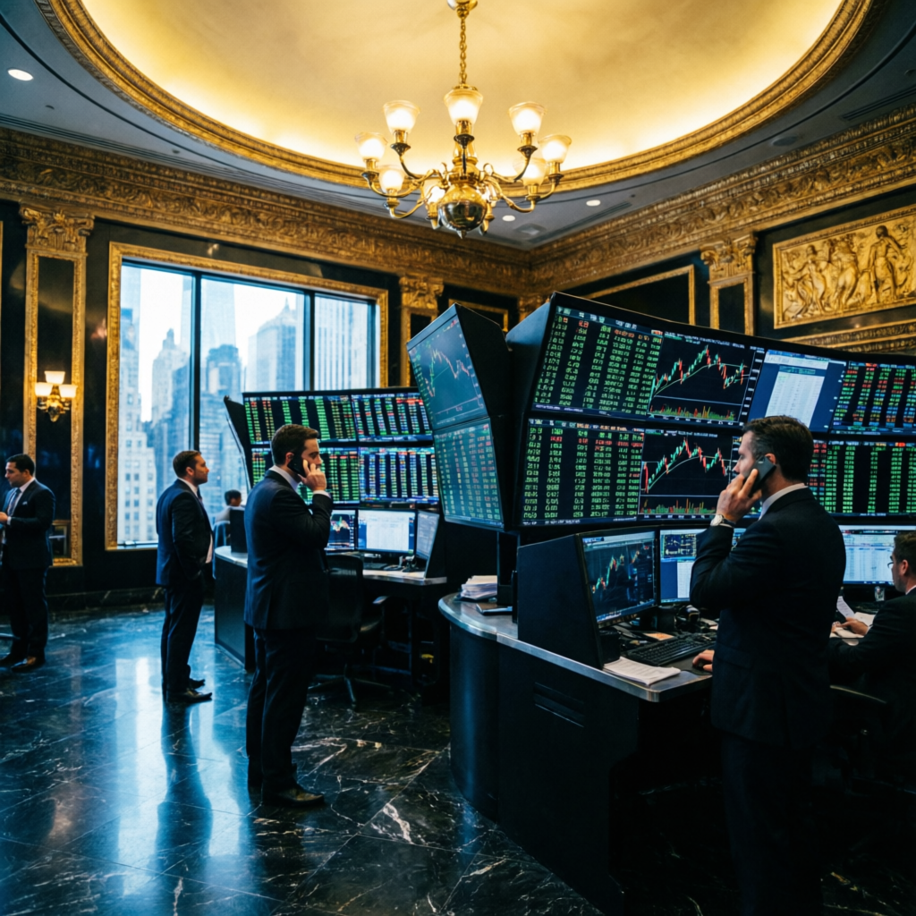 Luxury Wall Street trading floor with golden accents
