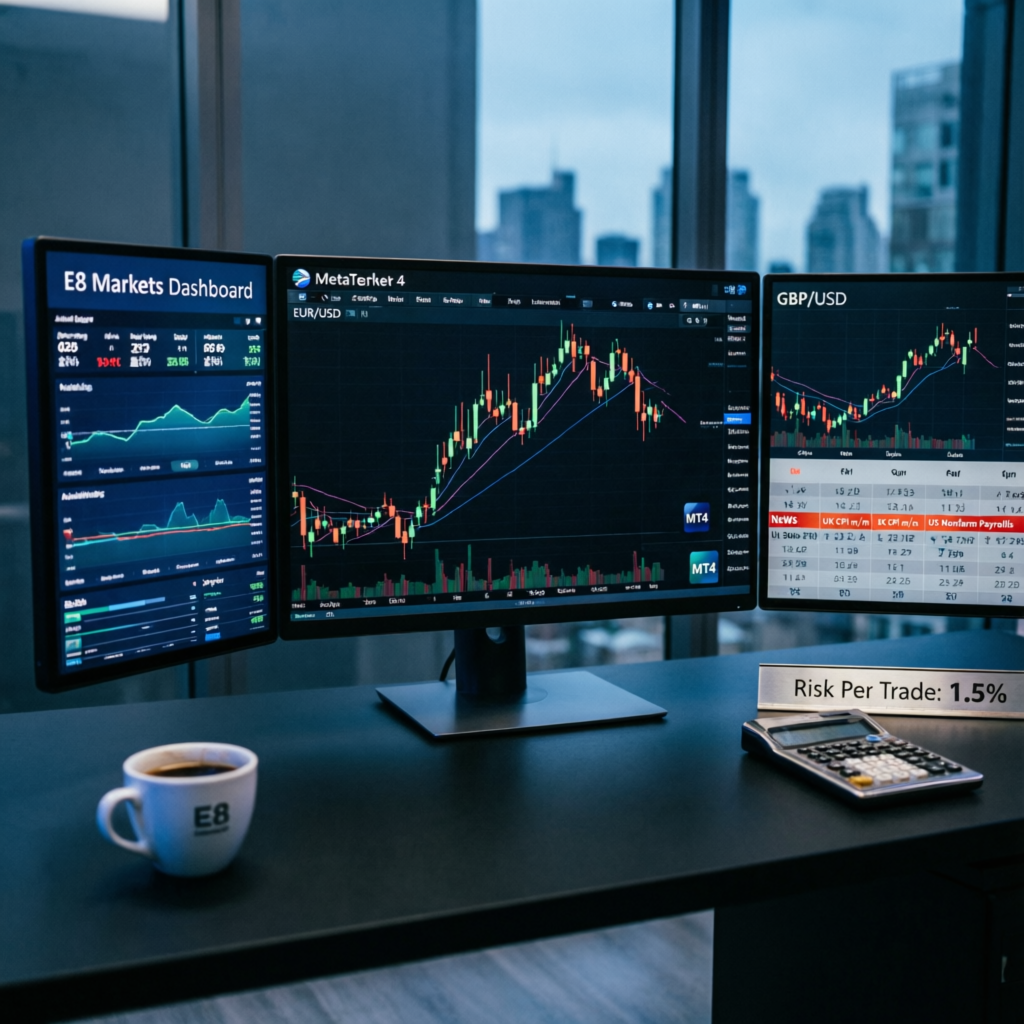 Professional E8 Markets trading setup with multiple monitors