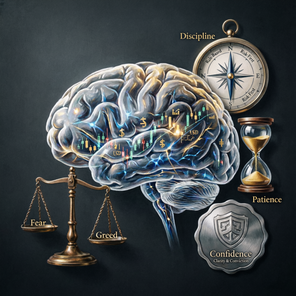 Trading psychology and strategy illustration for prop firm evaluation