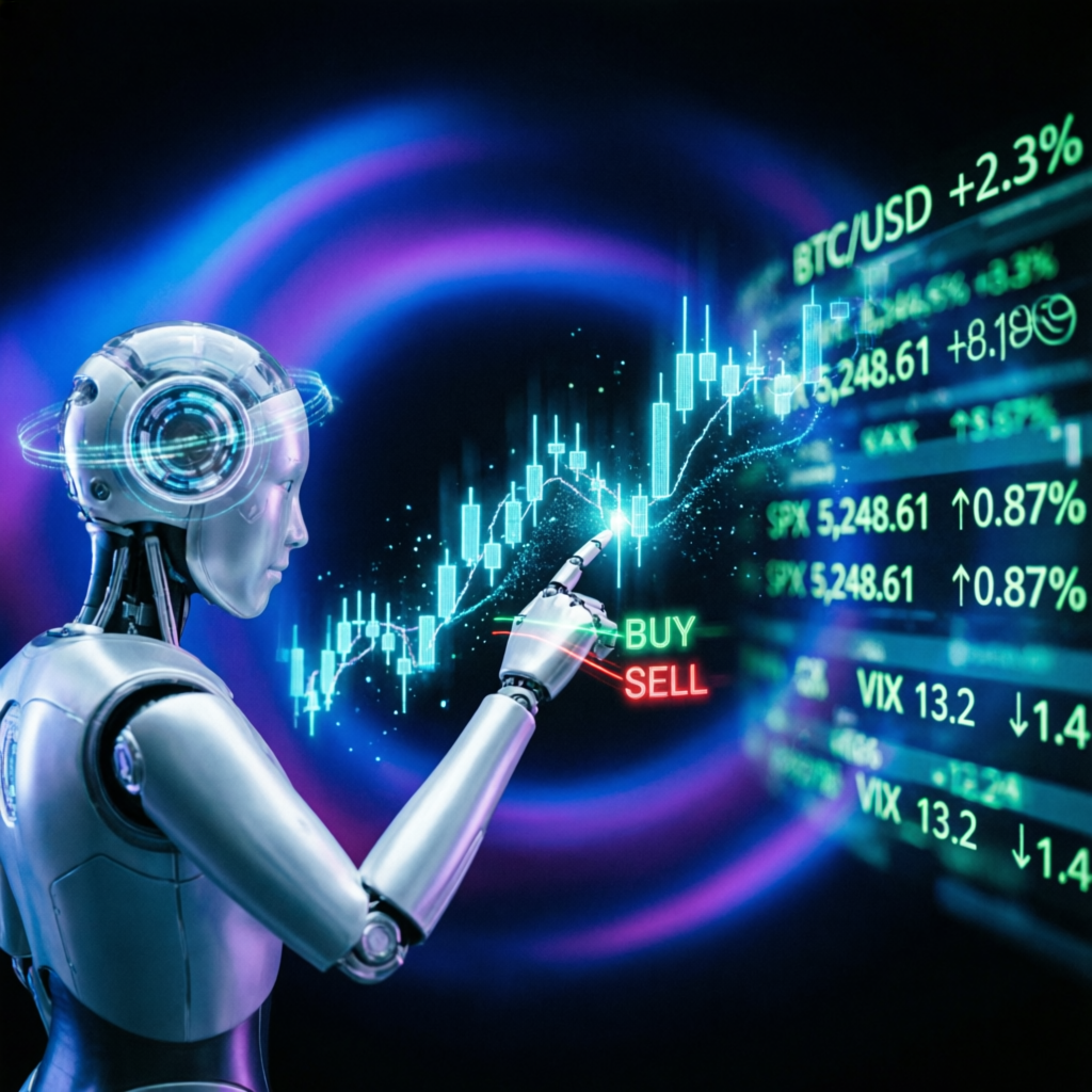 AI robot analyzing financial markets with buy and sell signals