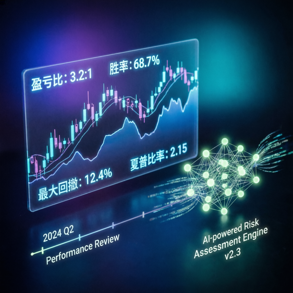 AI-powered performance analytics dashboard showing trading metrics and risk assessment