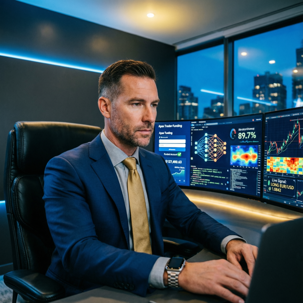 Professional trader working with Apex Trader Funding platform and AI trading algorithms