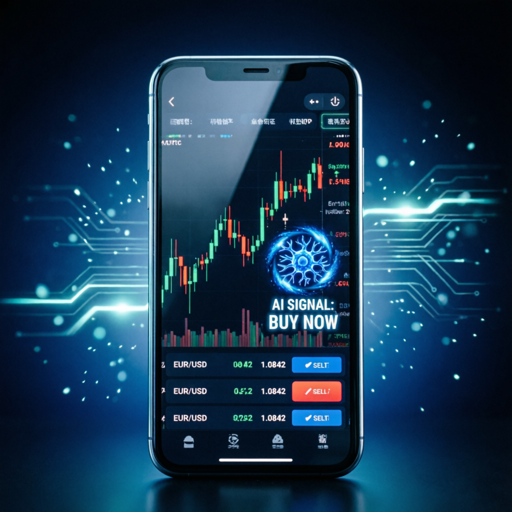 Mobile phone displaying AI-powered forex trading signals and charts