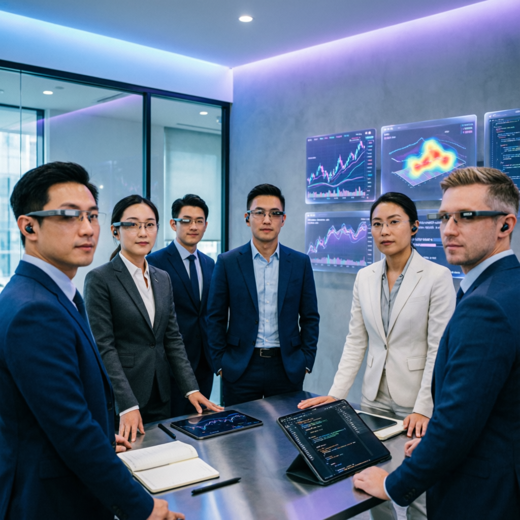 Professional trading team analyzing markets with advanced technology