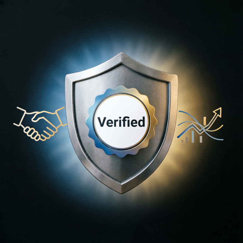 Verified trust shield with handshake and financial growth chart