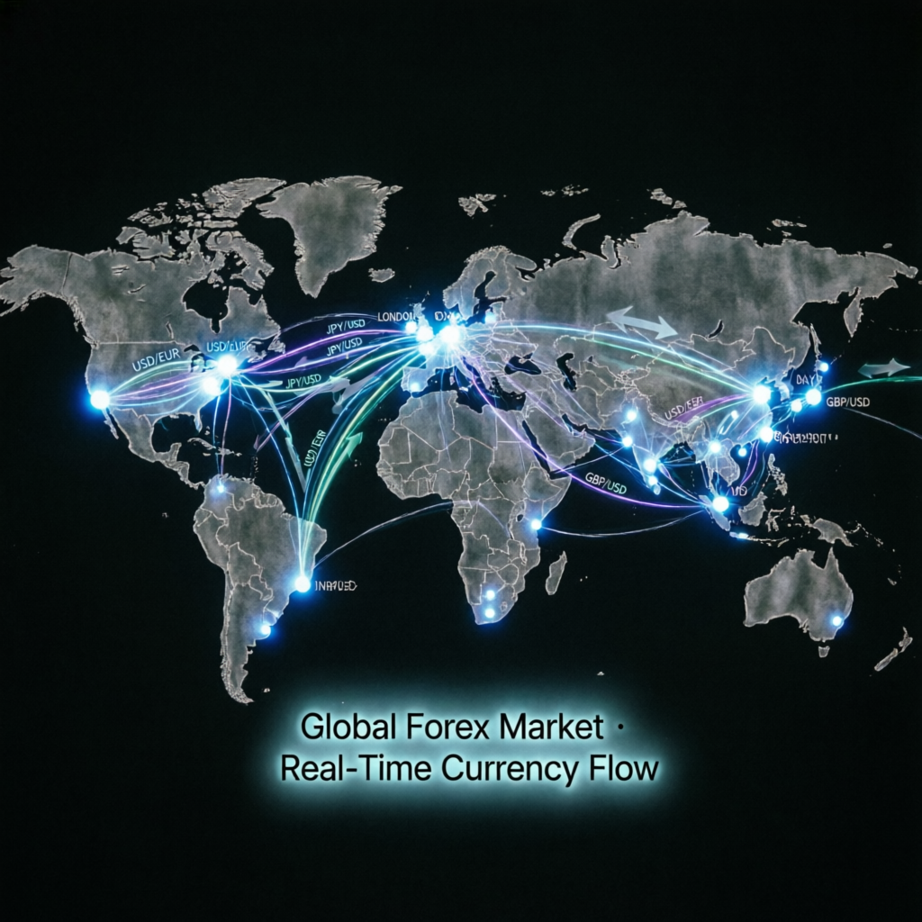 Global forex market with real-time currency flow connections