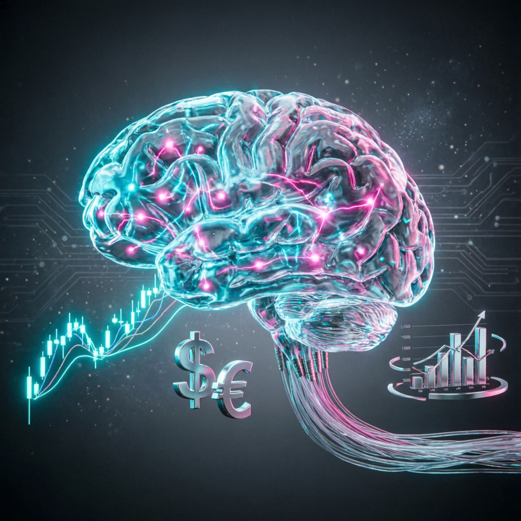 AI neural network brain connected to financial charts representing intelligent trading consistency