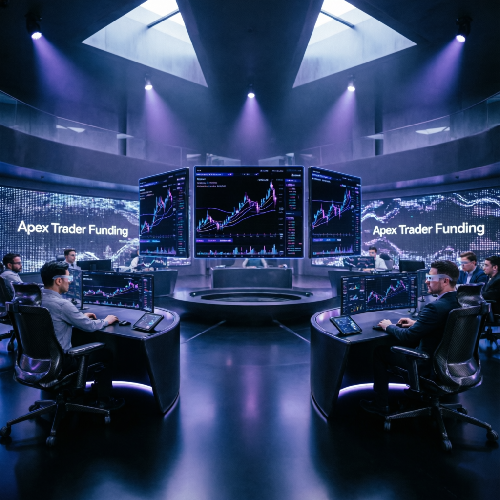 Apex Trader Funding headquarters trading floor with professional traders and advanced technology