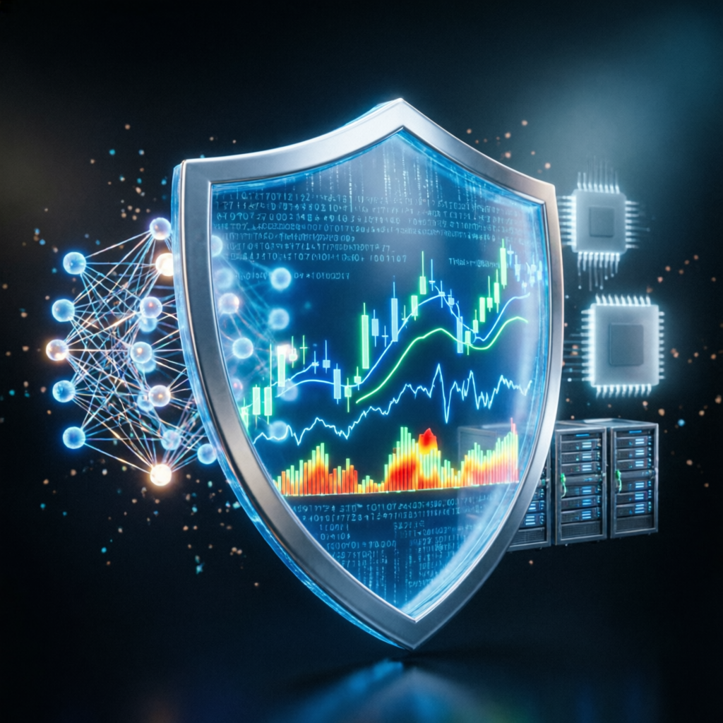 AI-protected trading shield with financial charts representing risk management and drawdown protection
