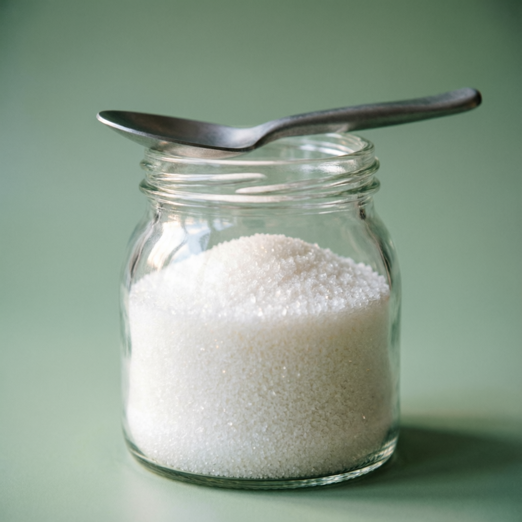 White crystalline N-Acetyl-Glucosamine amino sugar in glass jar