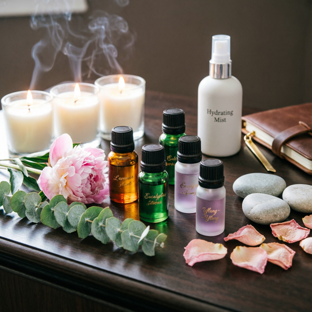 Aromatherapy spa setup with essential oils and candles