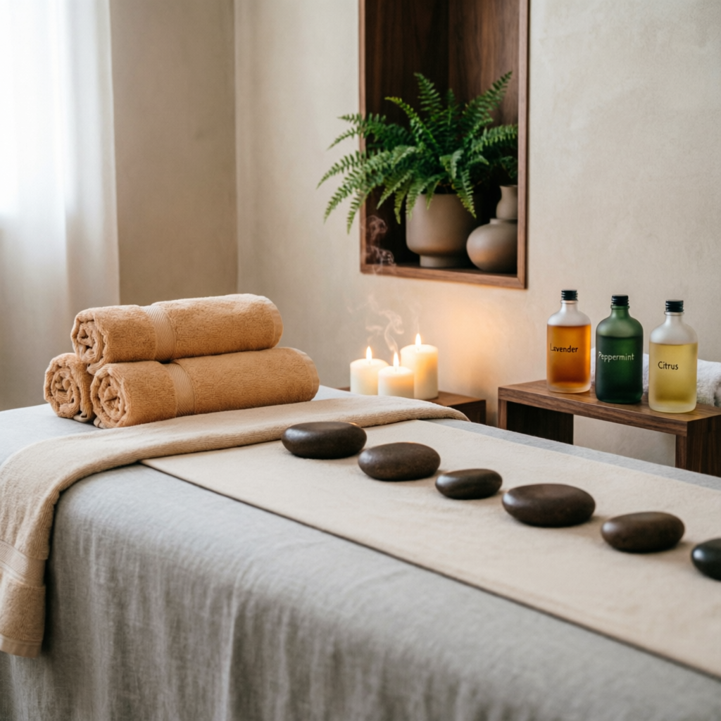 Body relaxation therapy with hot stones and spa accessories